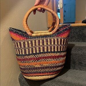 BOLGA BASKET GHANA STRAW TOTE AFRICAN TRIBAL MARKET BAG HANDMADE WOVEN